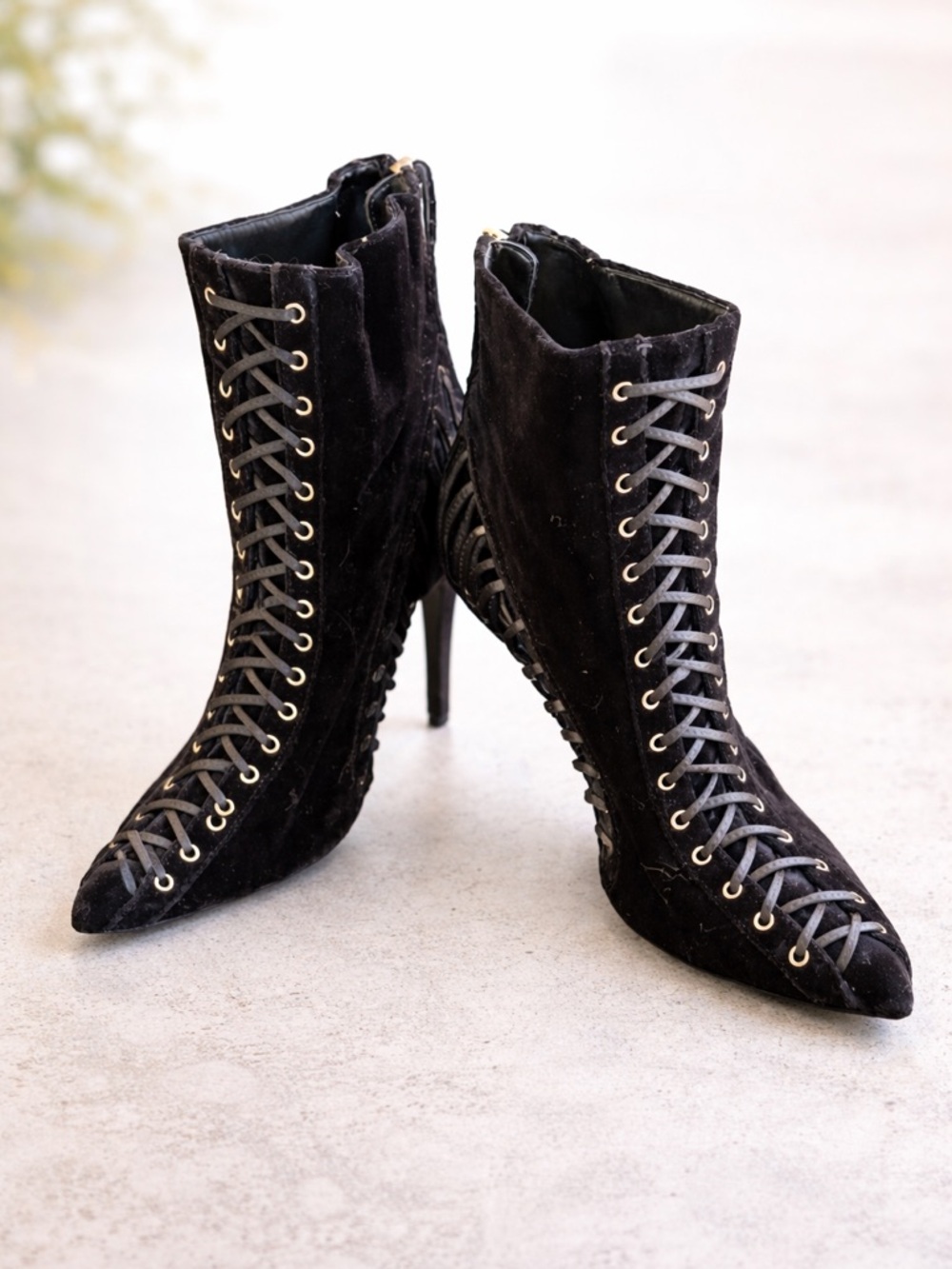 JLO Jennifer Lopez Black Velvet Lace-Up Stiletto Ankle Boots Gothic